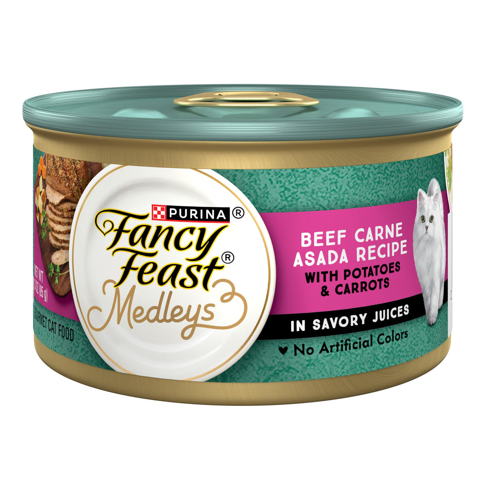 Fancy Feast Medleys Beef Carne Asada can with potatoes and carrots in savory juices.