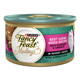 Fancy Feast Medleys Beef Carne Asada can with potatoes and carrots in savory juices.