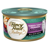Fancy Feast Medleys Tender Turkey Primavera cans on counter show bulk-pack convenience.