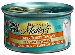 Fancy Feast Medleys Tender Turkey Tuscany spinach chunks in rich sauce.