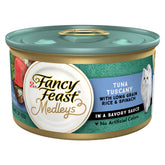Fancy Feast Medleys Tuna Tuscany bites image showing real tuna texture with greens for appetizing meals.
