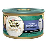 Fancy Feast Medleys Turkey Florentine can with turkey and spinach in light broth for daily meals.