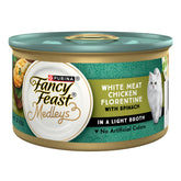 Fancy Feast Medleys white meat chicken Florentine with garden greens in a 24-pack, ideal for mealtime variety.