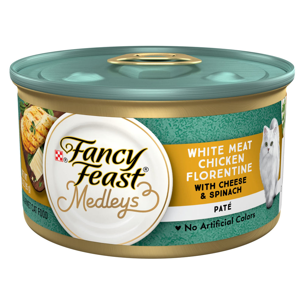 Fancy Feast Medleys white meat chicken Florentine pate can closeup for easy feeding