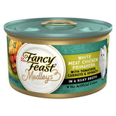 Fancy Feast Medleys white meat chicken primavera cans with silky broth for complete adult nutrition.