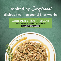 Fancy Feast Medleys white meat chicken Tuscany cans closeup, showcasing appetizing gravy.