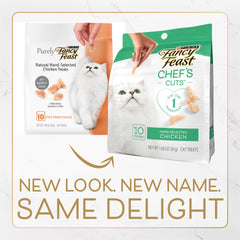 Fancy Feast natural chicken treats bites close-up, tender pieces ideal for a light cat snack.