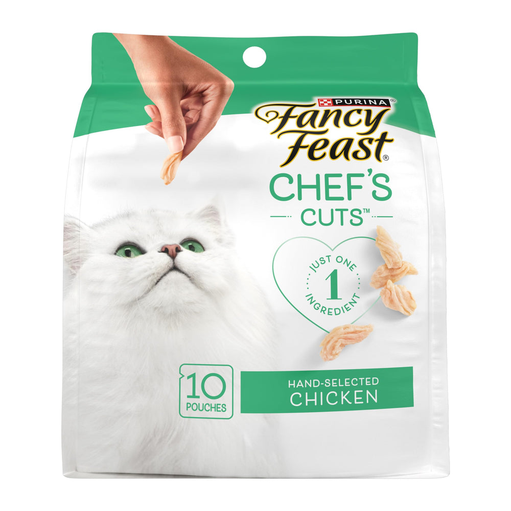 Fancy Feast natural hand-selected chicken treats in a 5-10 count pouch, a simple cat snack.