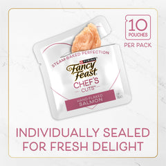 Fancy Feast Purely Natural salmon bites close-up, flaky texture cats love