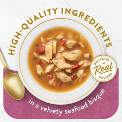 Fancy Feast real crab accents highlight premium seafood in a savory topper.