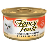 Fancy Feast Salmon Feast Pate can close-up showing real salmon as first ingredient
