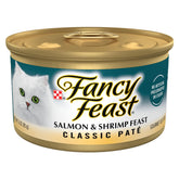 Fancy Feast Salmon and Shrimp Feast Pate in a 3oz can, savory grains-free texture for picky cats.