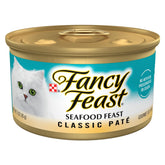 Fancy Feast Seafood Feast Pate cans on a shelf, premium cat meal option.