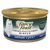Fancy Feast senior chicken gravy minced can for 7+ years with rich flavor.