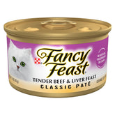 Fancy Feast Tender Beef and Liver Feast pate can, premium real meat for adult cats.