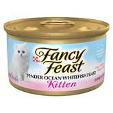 Fancy Feast Tender Ocean Whitefish can closeup, a premium kitten meal easy to nibble.