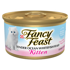 Fancy Feast Tender Ocean Whitefish can closeup, a premium kitten meal easy to nibble.