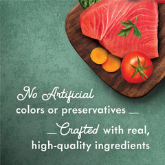 Image shows colorful tomatoes and greens in Fancy Feast Primavera medleys.