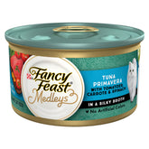 Fancy Feast Tuna Primavera with tomatoes, carrots and spinach in silky broth, appetizing presentation.