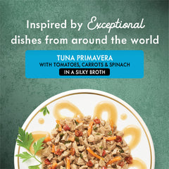 Close-up of real tuna and vegetables in Fancy Feast Primavera, highlighting fresh ingredients.