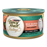 Fancy Feast Medleys Wild Salmon Florentine can with salmon chunks for a balanced meal.