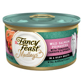 Fancy Feast Wild Salmon Primavera can close-up showing real salmon and silky broth for tempting meals