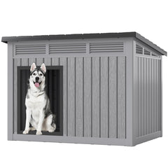Fancyango large dog house front view, durable weatherproof shelter for all seasons.