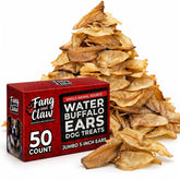 Fang and Claw water buffalo ears bulk pack 50-count for large dogs provides long-lasting chews.