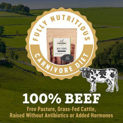Farm Hounds Beef Strips close-up reveals crunchy natural jerky texture.