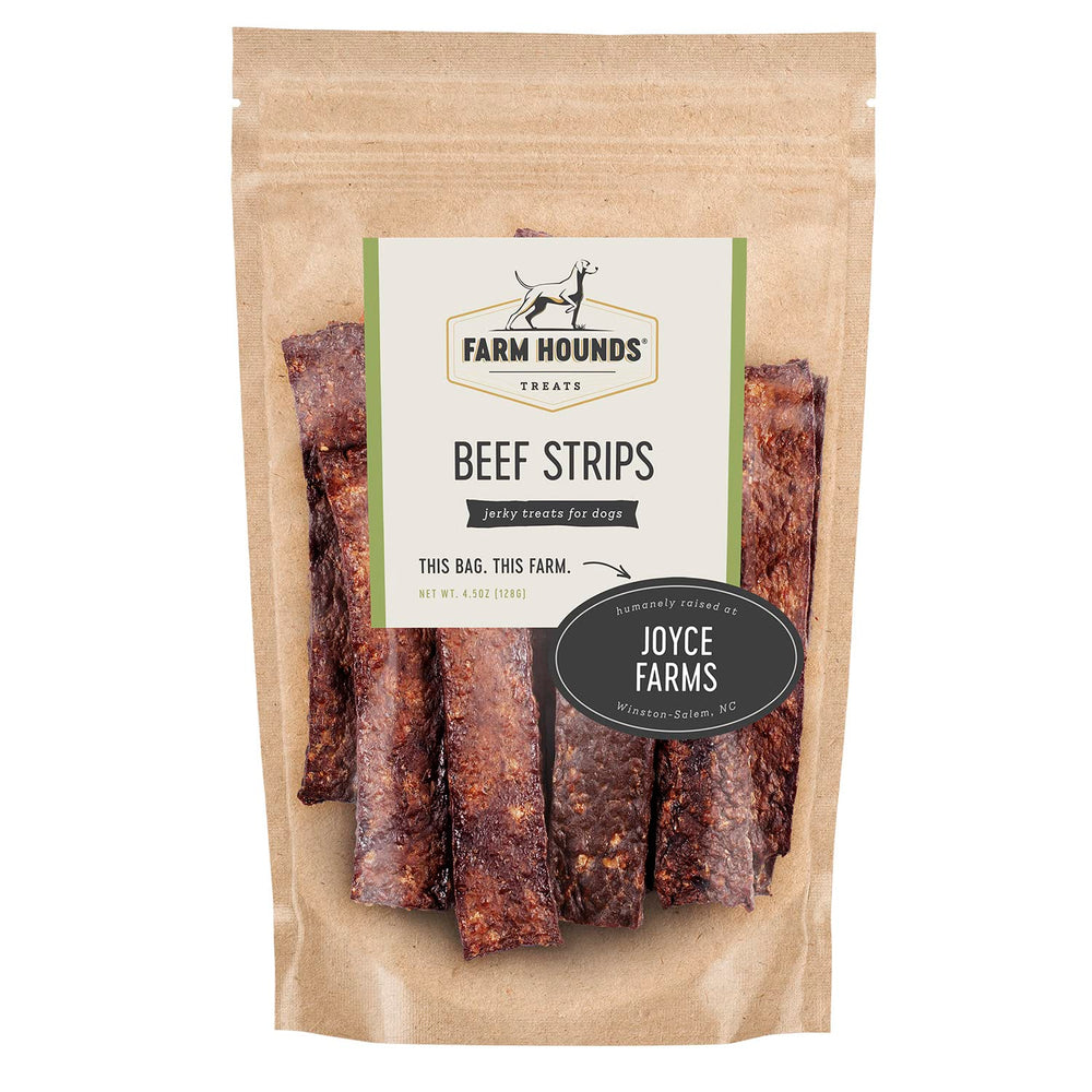 Farm Hounds Beef Strips pack, premium dog jerky for training rewards.
