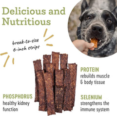 Farm Hounds Beef Strips premium ingredients from pasture-raised cattle pictured.