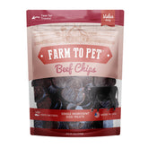 Farm To Pet beef chips 12oz bag close-up showing lean, single-ingredient beef training treats
