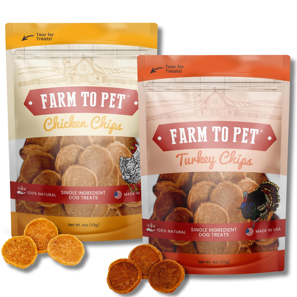 Farm To Pet chicken chip treats front label; all-natural ingredients