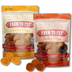 Farm To Pet chicken chip treats front label; all-natural ingredients