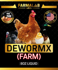 Farmalab natural dewormer bottle front, clear dosing-ready packaging for poultry.