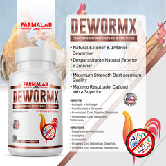 Farmalab Natural Dewormer packaging highlights no egg withdrawal requirement.
