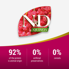 Farmina Digestion Lamb ingredients scene highlighting quinoa and lamb pieces