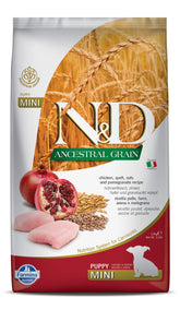 Farmina Mini Breed Adult kibble bowl shows grain-free recipe for small dogs.