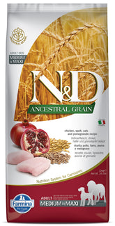 Farmina Natural & Delicious low-grain chicken dog food bag with premium packaging.
