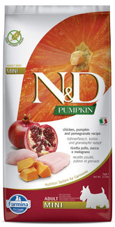 Farmina N&D mini chicken pumpkin kibble bag, grain free nutrition for small dogs.