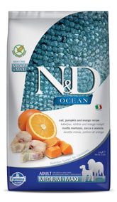 Farmina N&D Ocean Cod bag close-up showing pumpkin and orange ingredients for digestion