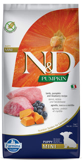 Farmina N&D Puppy bag front view highlights grain-free pumpkin lamb blueberry nutrition for puppies