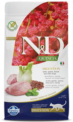 Farmina N&D Quinoa Digestion Lamb kibble close-up, crunchy texture cats may enjoy at mealtime.