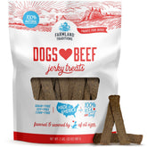 Farmland Traditions beef jerky dog treats pack front showing premium USA beef