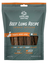 Farmland Traditions beef lung jerky treats in a bag; ideal high-protein reward for training.
