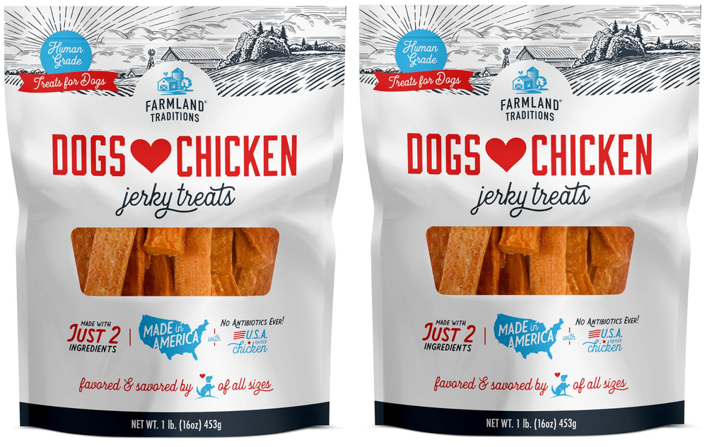 Farmland Traditions chicken jerky pack-2 bags shown for training rewards