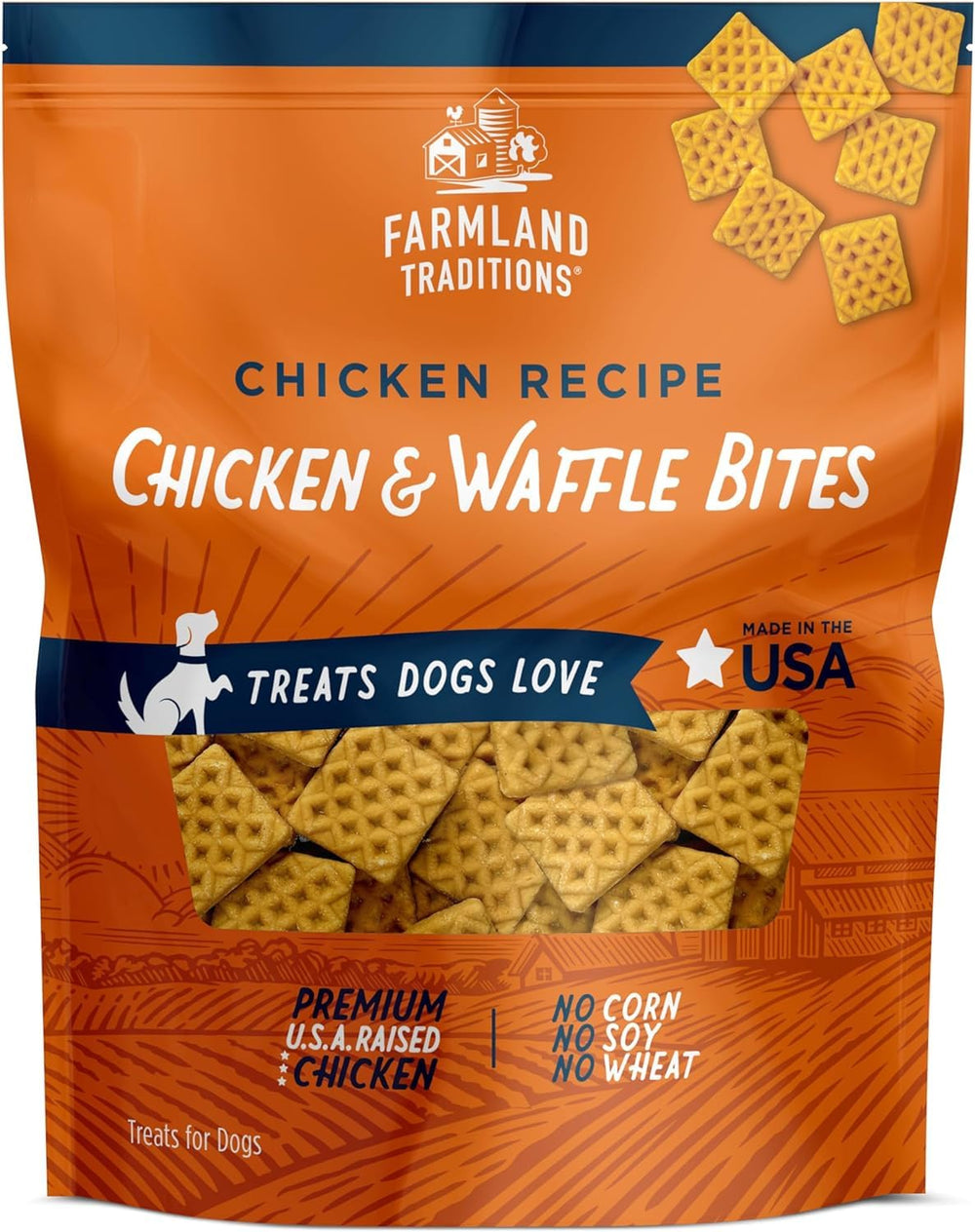 Farmland Traditions Chicken & Waffle Bites pack shot; gluten-free USA-made treats for all dogs.