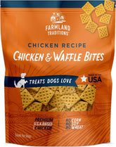 Farmland Traditions Chicken & Waffle Bites pack shot; gluten-free USA-made treats for all dogs.