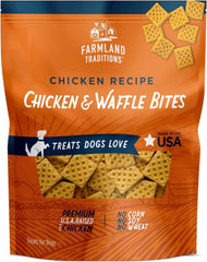 Farmland Traditions Chicken & Waffle Bites pack shot; gluten-free USA-made treats for all dogs.