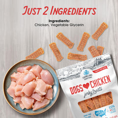 Dogs enjoy Farmland Traditions jerky, showing broad appeal across sizes.